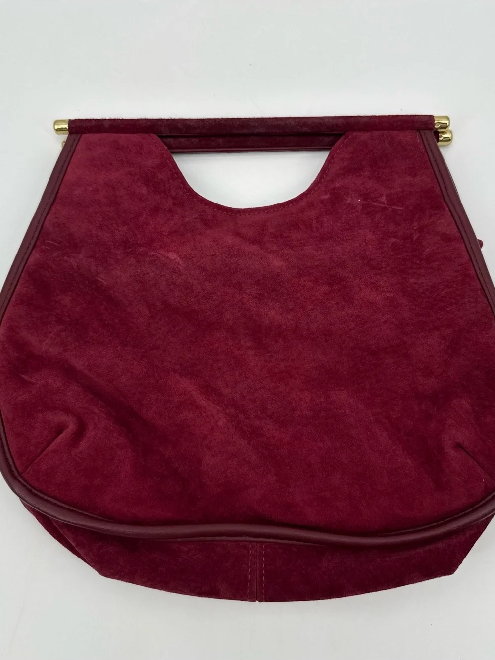 Vintage Burgundy Suede Top Handle Handbag Gold Hardware Structured Purse